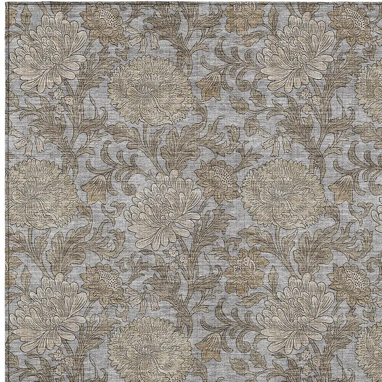 8' X 10' Gray Silver And Taupe Floral Washable Indoor Outdoor Area Rug