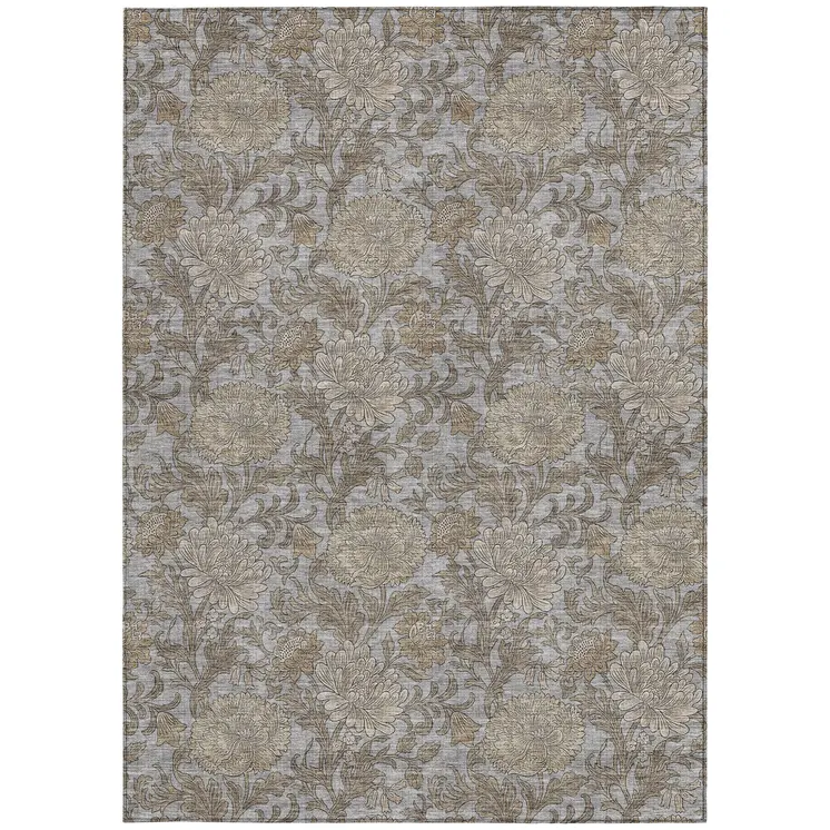 9' X 12' Gray Silver And Taupe Floral Washable Indoor Outdoor Area Rug
