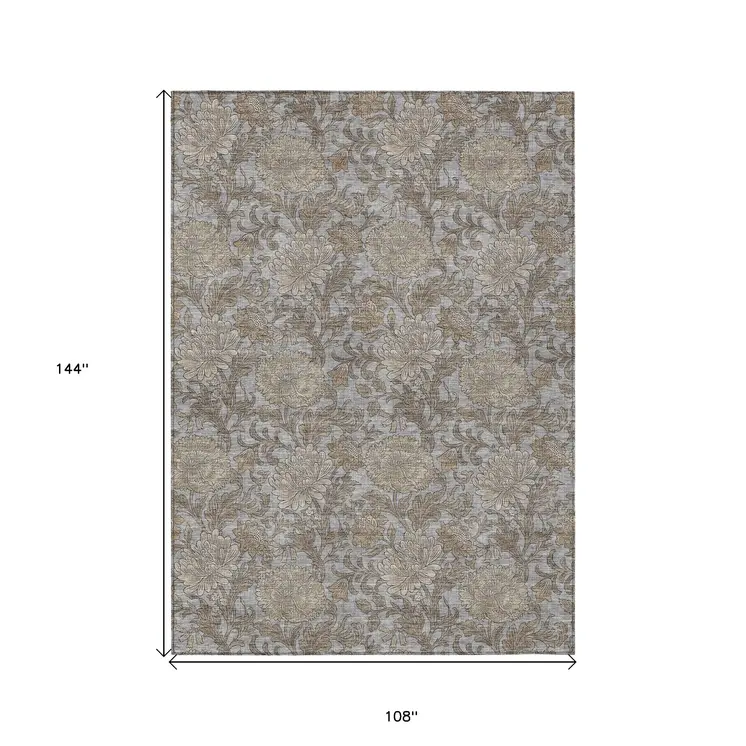 9' X 12' Gray Silver And Taupe Floral Washable Indoor Outdoor Area Rug