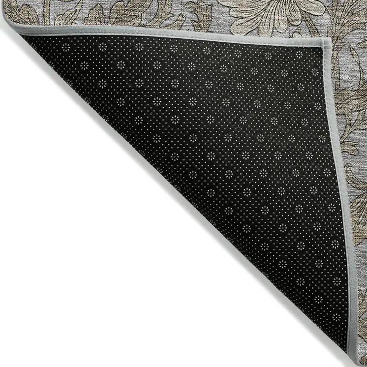 9' X 12' Gray Silver And Taupe Floral Washable Indoor Outdoor Area Rug
