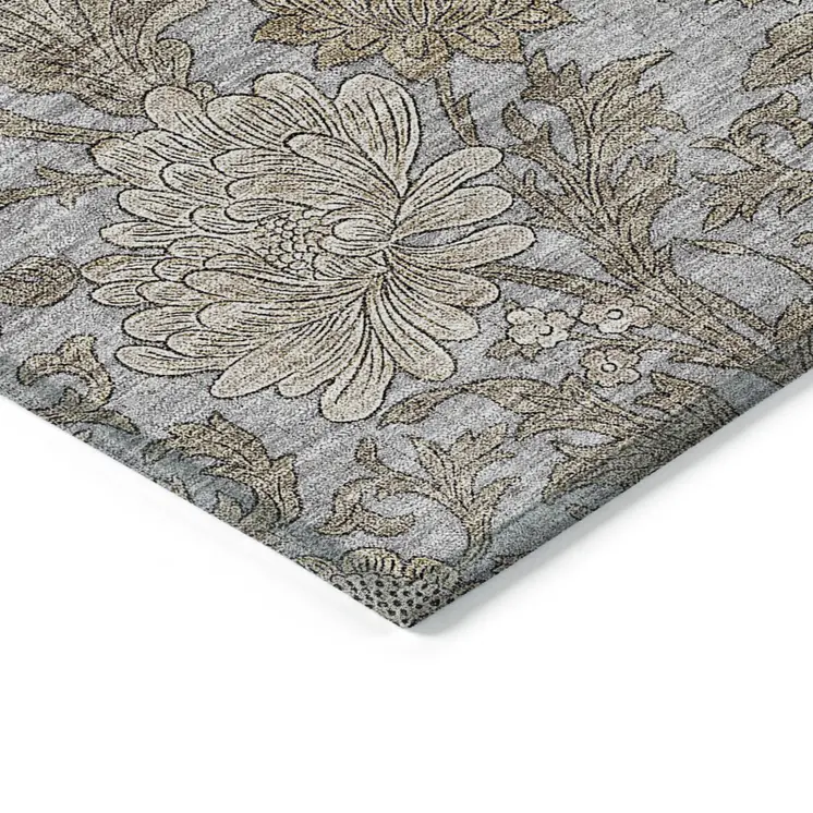 9' X 12' Gray Silver And Taupe Floral Washable Indoor Outdoor Area Rug