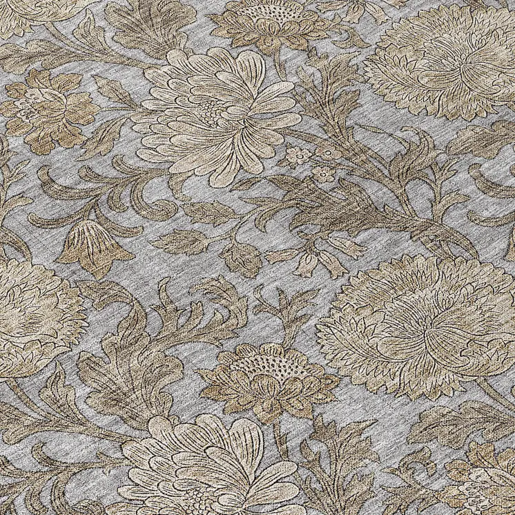 9' X 12' Gray Silver And Taupe Floral Washable Indoor Outdoor Area Rug