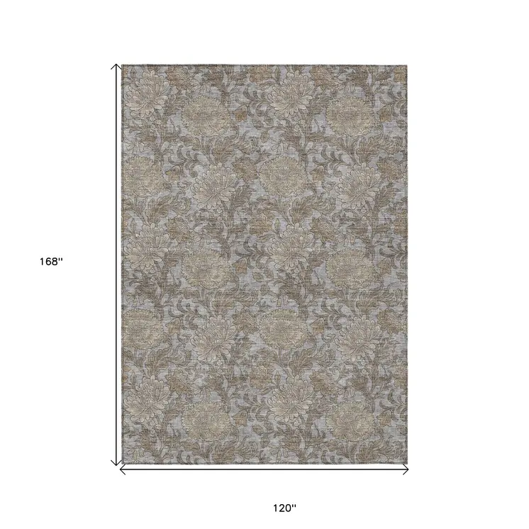 10' X 14' Gray Silver And Taupe Floral Washable Indoor Outdoor Area Rug