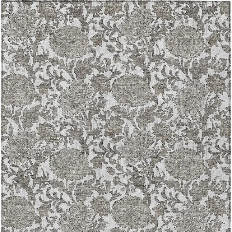 9' X 12' Ivory And Gray Floral Washable Indoor Outdoor Area Rug