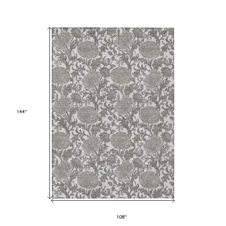 9' X 12' Ivory And Gray Floral Washable Indoor Outdoor Area Rug