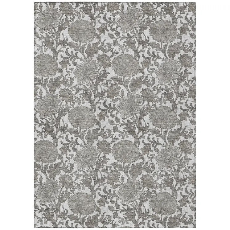 9' X 12' Ivory And Gray Floral Washable Indoor Outdoor Area Rug