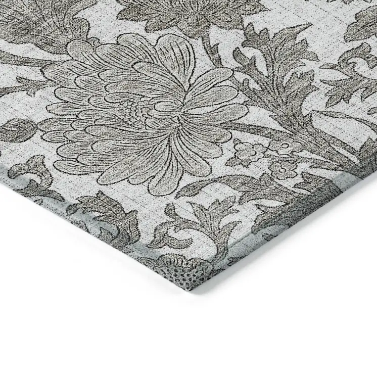 9' X 12' Ivory And Gray Floral Washable Indoor Outdoor Area Rug
