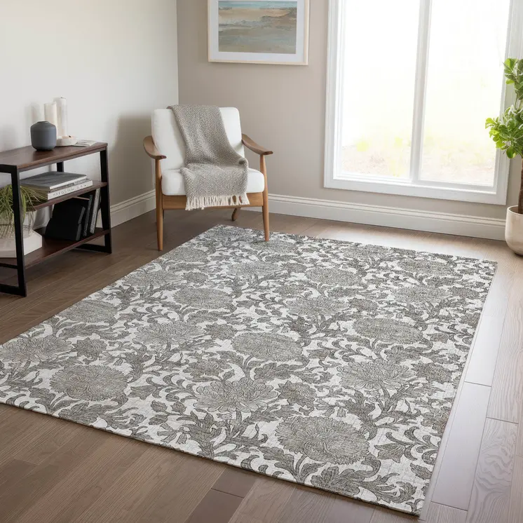 9' X 12' Ivory And Gray Floral Washable Indoor Outdoor Area Rug
