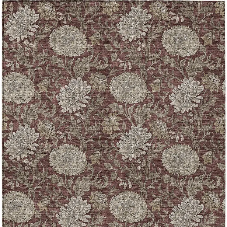 3' X 5' Merlot Taupe And Beige Floral Washable Indoor Outdoor Area Rug