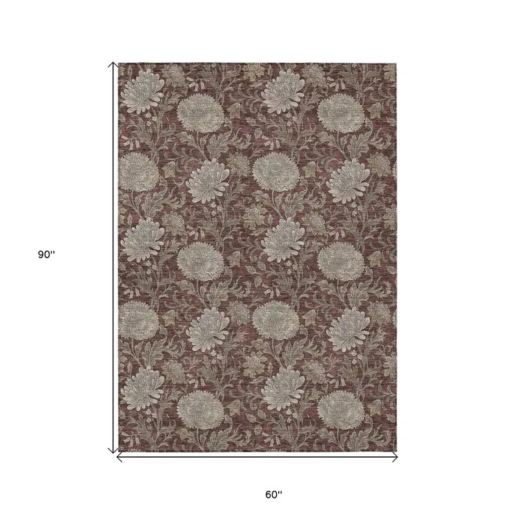 5' X 8' Merlot Taupe And Beige Floral Washable Indoor Outdoor Area Rug