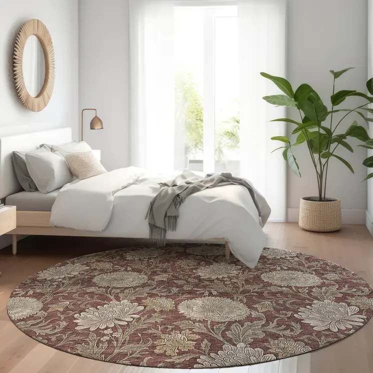 8' Merlot Taupe And Beige Round Floral Washable Indoor Outdoor Area Rug