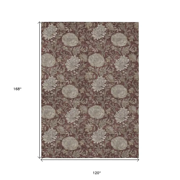 10' X 14' Merlot Taupe And Beige Floral Washable Indoor Outdoor Area Rug