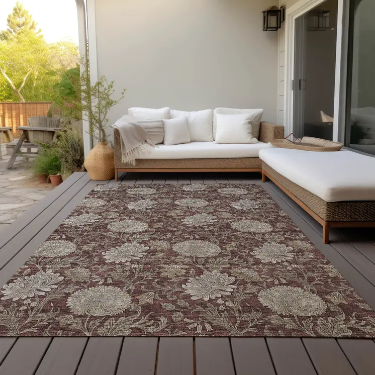 10' X 14' Merlot Taupe And Beige Floral Washable Indoor Outdoor Area Rug