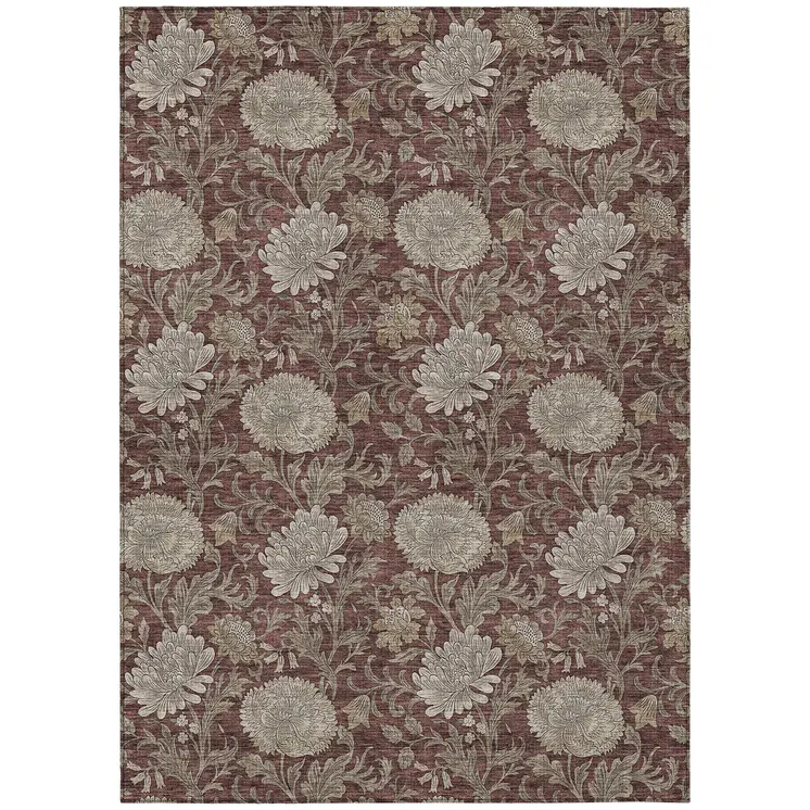 10' X 14' Merlot Taupe And Beige Floral Washable Indoor Outdoor Area Rug