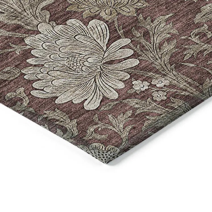 10' X 14' Merlot Taupe And Beige Floral Washable Indoor Outdoor Area Rug