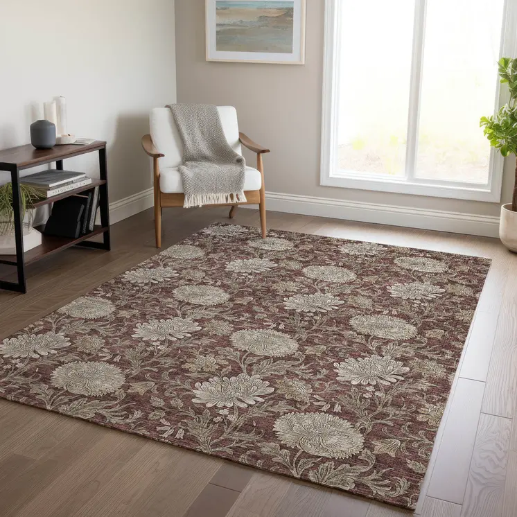 10' X 14' Merlot Taupe And Beige Floral Washable Indoor Outdoor Area Rug