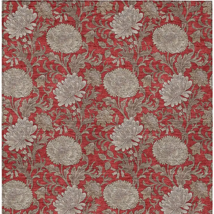 3' X 5' Red Taupe And Beige Floral Washable Indoor Outdoor Area Rug