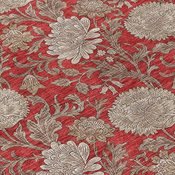 3' X 5' Red Taupe And Beige Floral Washable Indoor Outdoor Area Rug