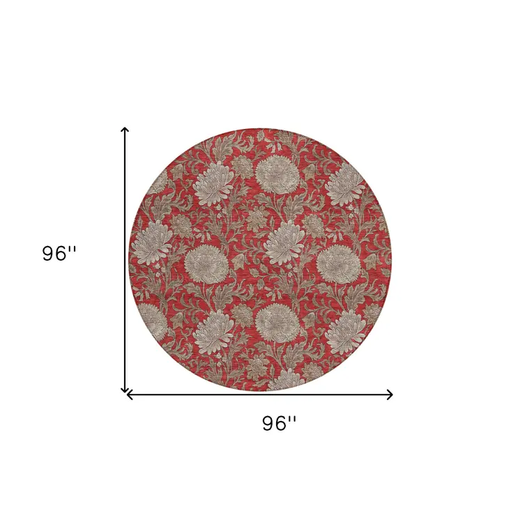 8' Red Taupe And Beige Round Floral Washable Indoor Outdoor Area Rug