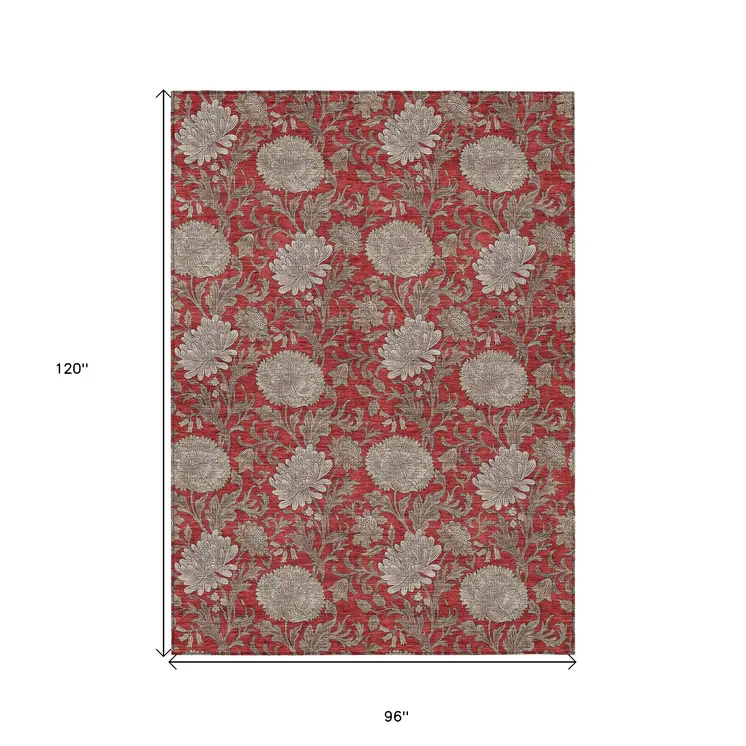 8' X 10' Red Taupe And Beige Floral Washable Indoor Outdoor Area Rug