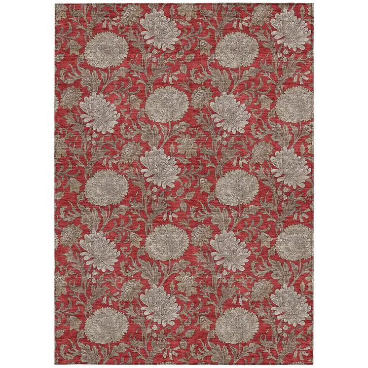 9' X 12' Red Taupe And Beige Floral Washable Indoor Outdoor Area Rug