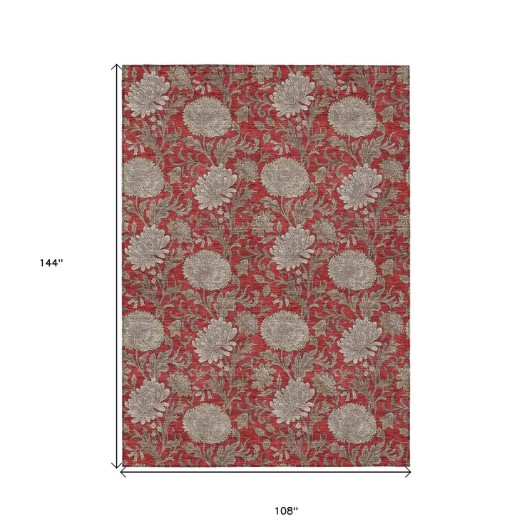 9' X 12' Red Taupe And Beige Floral Washable Indoor Outdoor Area Rug