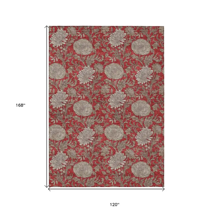 10' X 14' Red Taupe And Beige Floral Washable Indoor Outdoor Area Rug