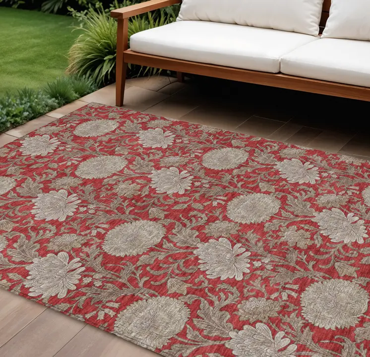 10' X 14' Red Taupe And Beige Floral Washable Indoor Outdoor Area Rug