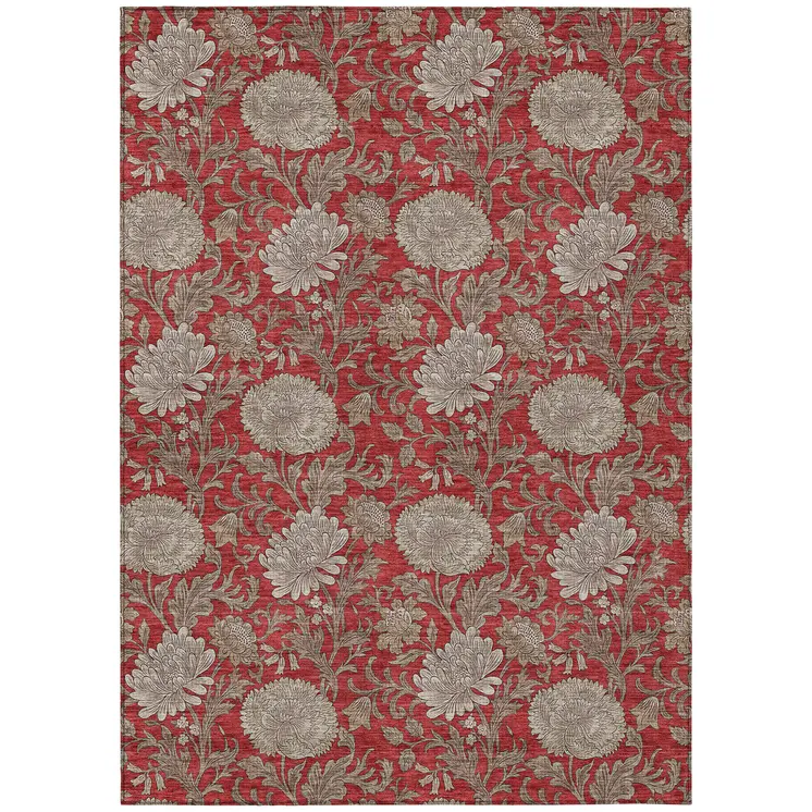 10' X 14' Red Taupe And Beige Floral Washable Indoor Outdoor Area Rug