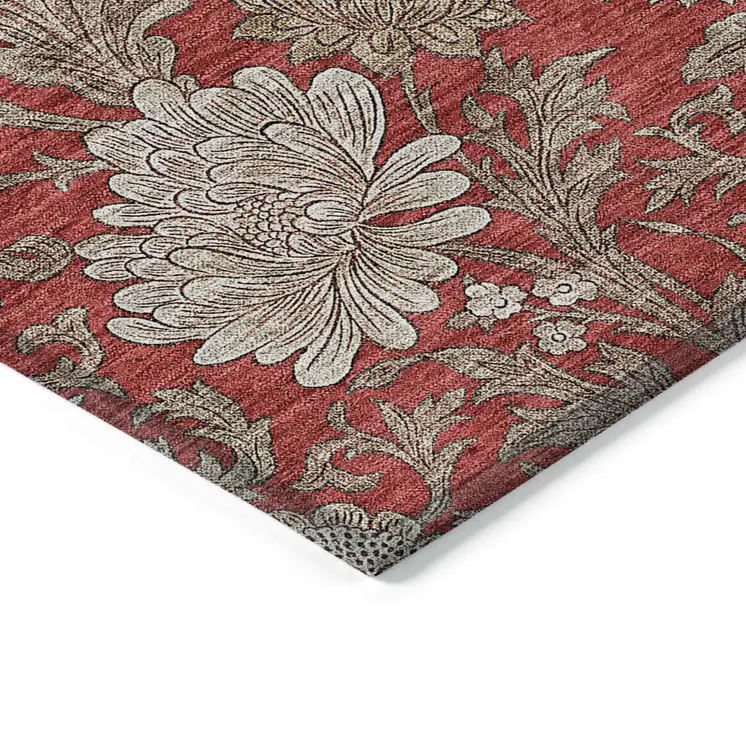 10' X 14' Red Taupe And Beige Floral Washable Indoor Outdoor Area Rug