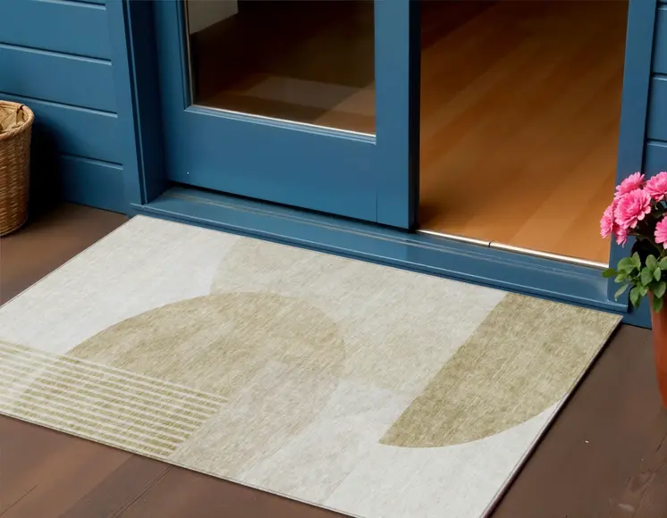 3' X 5' Brown Beige And Ivory Geometric Washable Indoor Outdoor Area Rug