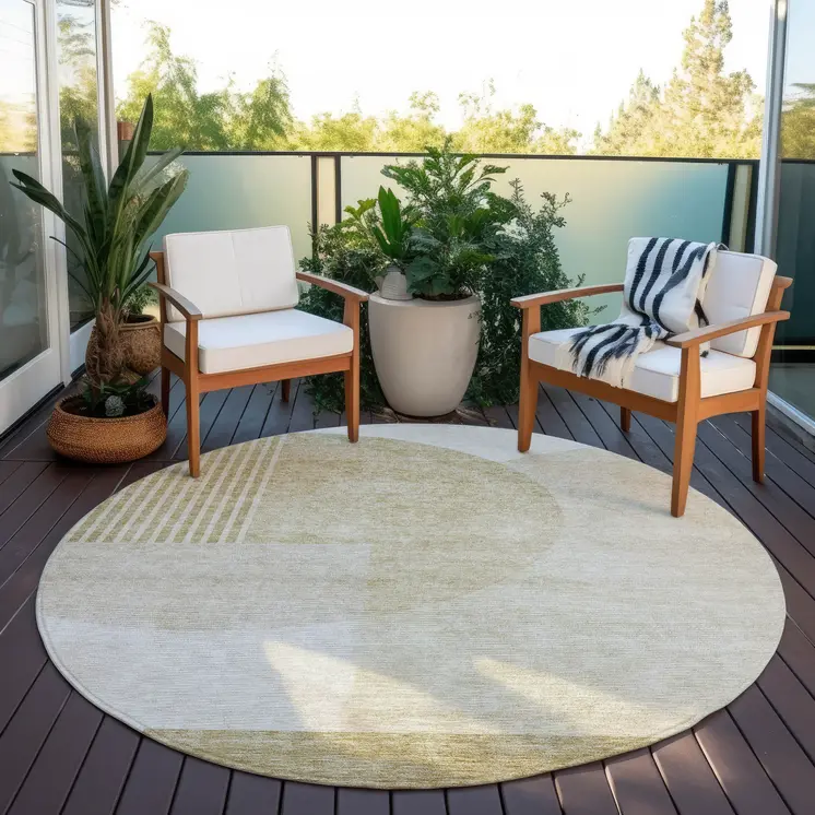 8' Brown Beige And Ivory Round Geometric Washable Indoor Outdoor Area Rug