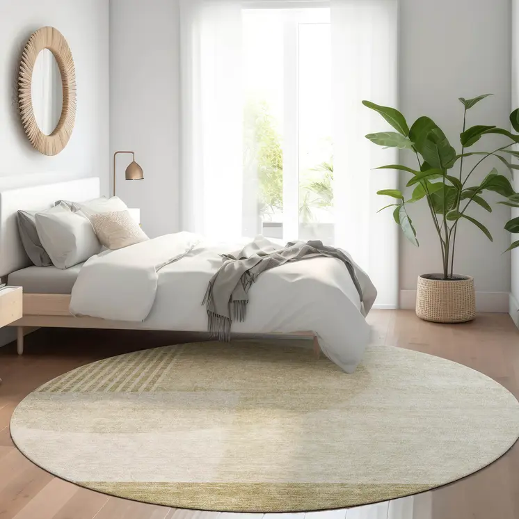 8' Brown Beige And Ivory Round Geometric Washable Indoor Outdoor Area Rug