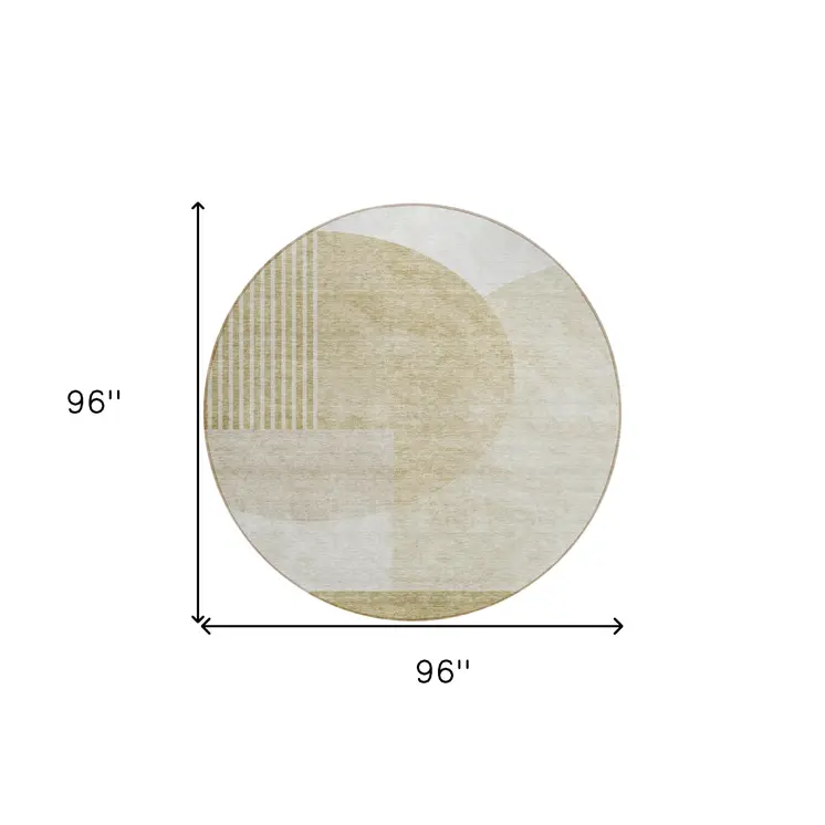 8' Brown Beige And Ivory Round Geometric Washable Indoor Outdoor Area Rug