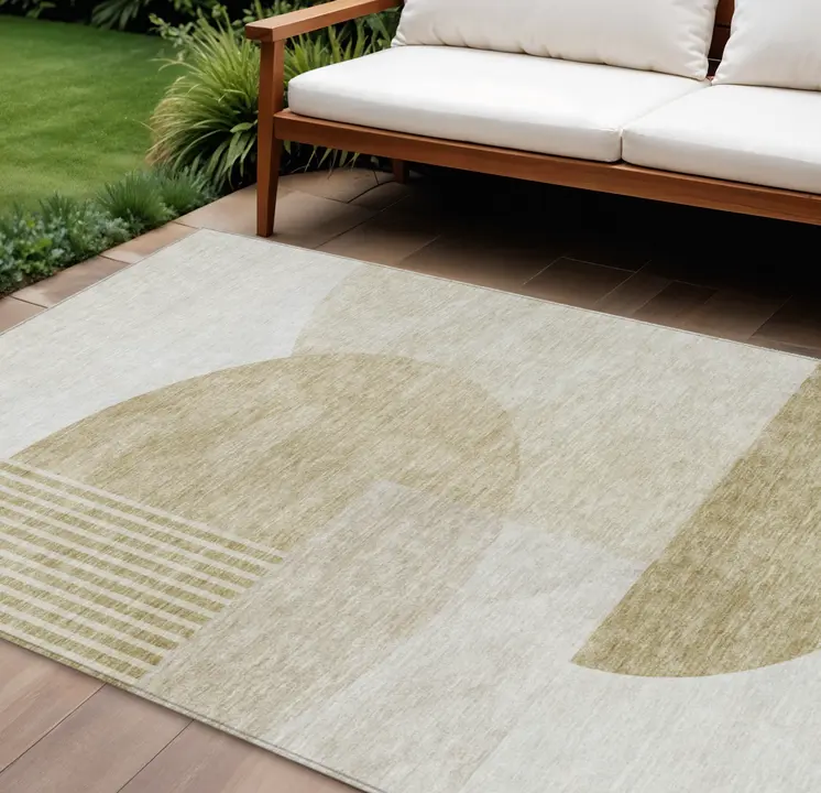 8' X 10' Brown Beige And Ivory Geometric Washable Indoor Outdoor Area Rug
