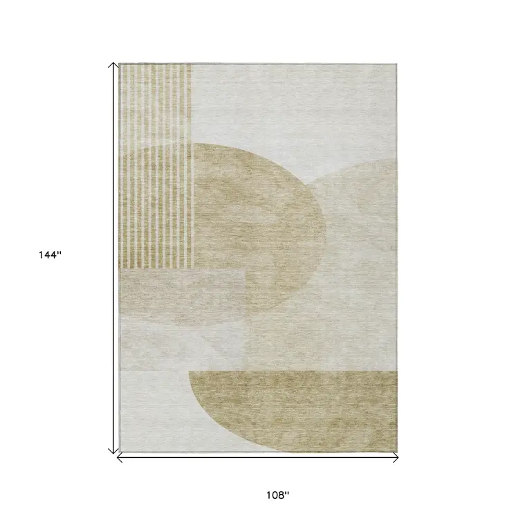 9' X 12' Brown Beige And Ivory Geometric Washable Indoor Outdoor Area Rug