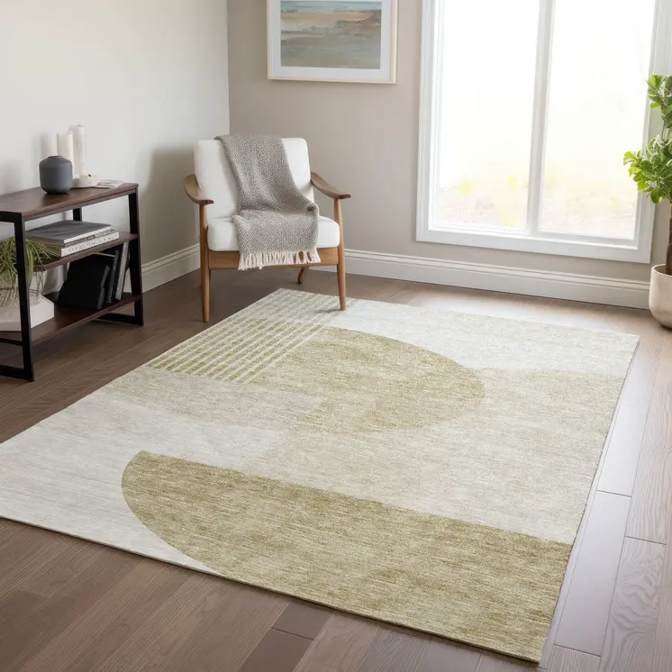 9' X 12' Brown Beige And Ivory Geometric Washable Indoor Outdoor Area Rug