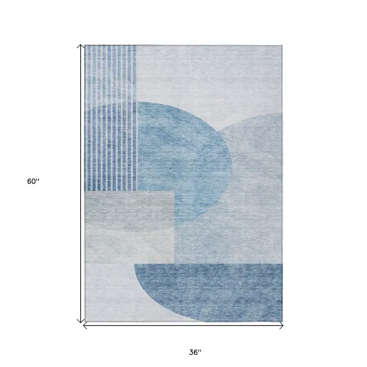 3' X 5' Navy Blue And Sky Blue Geometric Washable Indoor Outdoor Area Rug