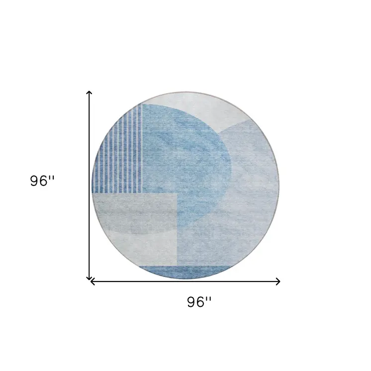 8' Navy Blue And Sky Blue Round Geometric Washable Indoor Outdoor Area Rug
