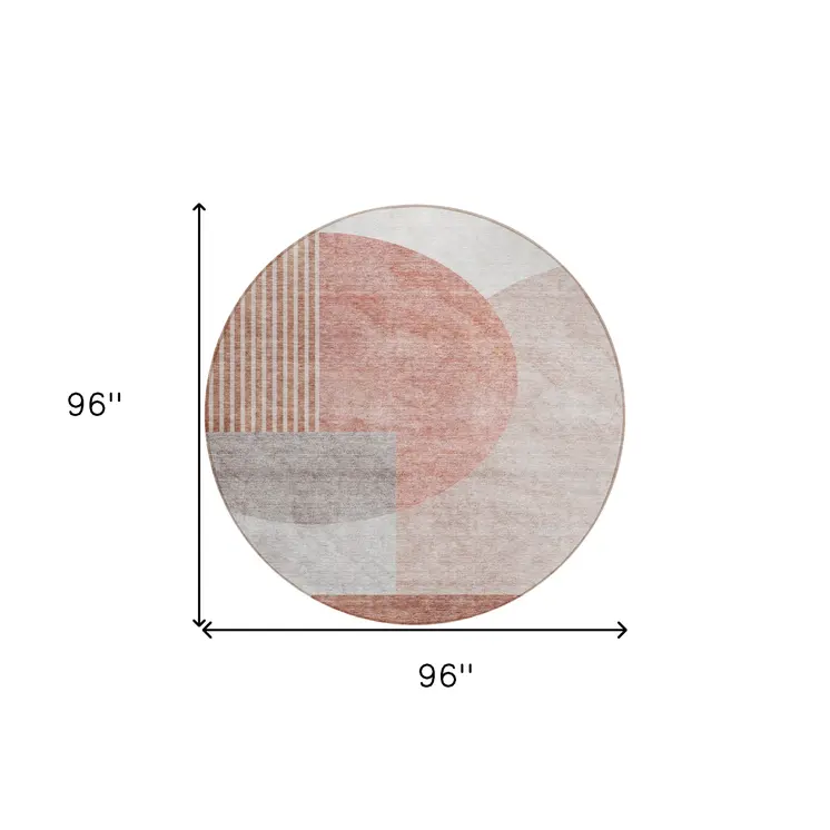 8' Copper Red And Gray Round Geometric Washable Indoor Outdoor Area Rug