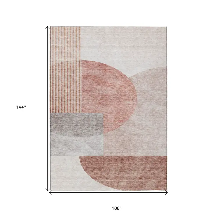 9' X 12' Copper Red And Gray Geometric Washable Indoor Outdoor Area Rug