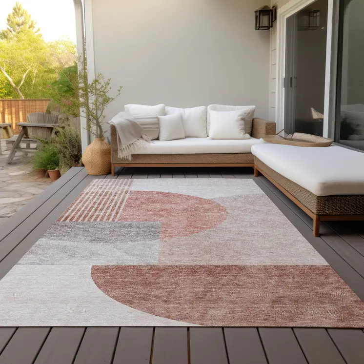 9' X 12' Copper Red And Gray Geometric Washable Indoor Outdoor Area Rug