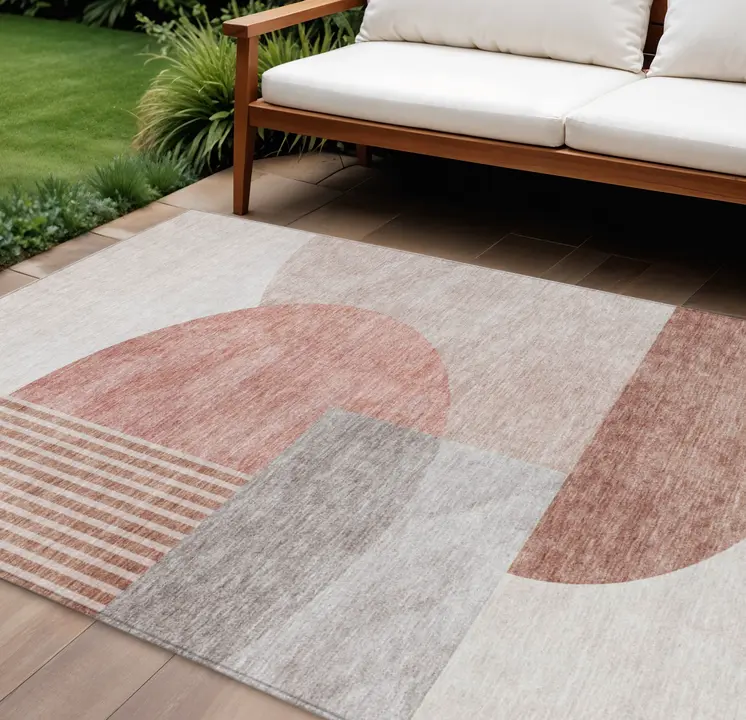 10' X 14' Copper Red And Gray Geometric Washable Indoor Outdoor Area Rug