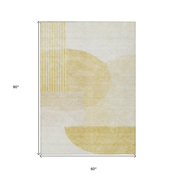 5' X 8' Gold Wheat And Ivory Geometric Washable Indoor Outdoor Area Rug