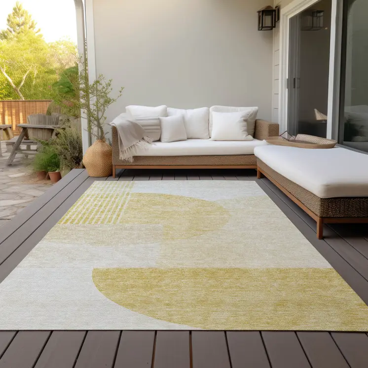 5' X 8' Gold Wheat And Ivory Geometric Washable Indoor Outdoor Area Rug