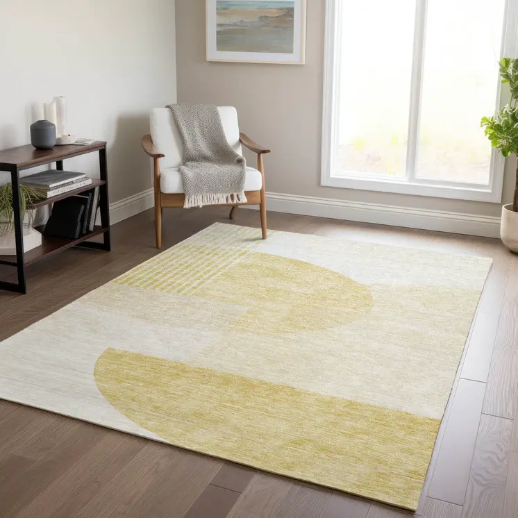 5' X 8' Gold Wheat And Ivory Geometric Washable Indoor Outdoor Area Rug