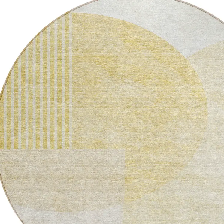 8' Gold Wheat And Ivory Round Geometric Washable Indoor Outdoor Area Rug