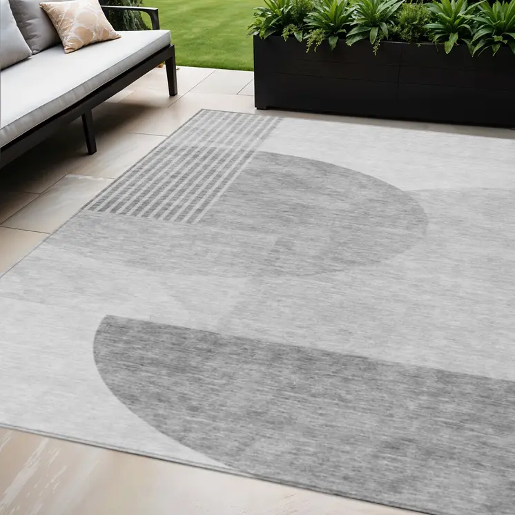5' X 8' Gray Silver And Ivory Geometric Washable Indoor Outdoor Area Rug