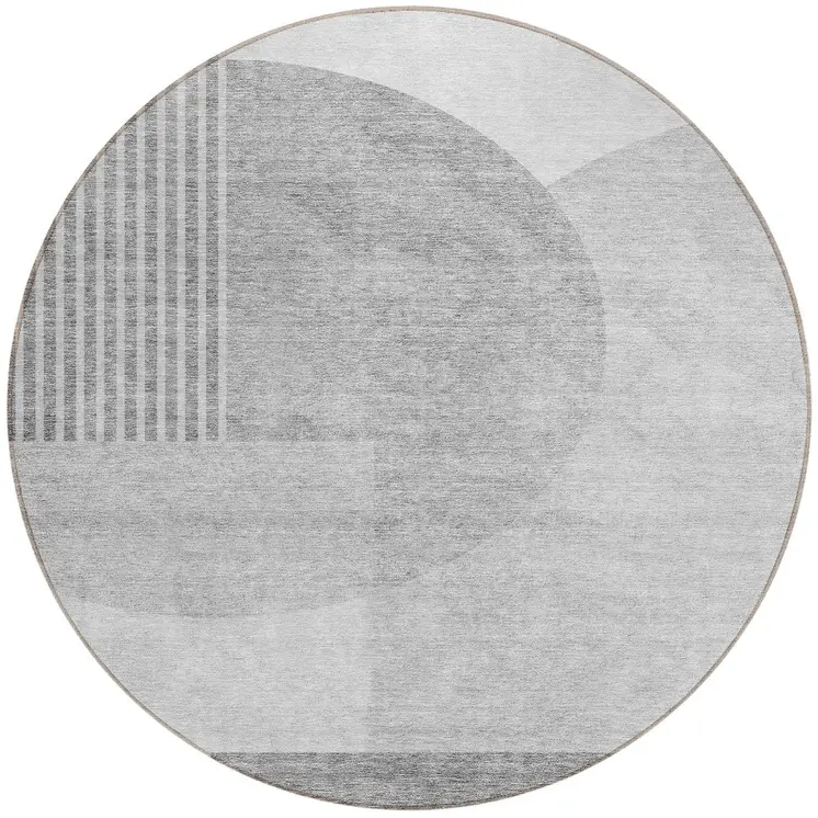 8' Gray Silver And Ivory Round Geometric Washable Indoor Outdoor Area Rug