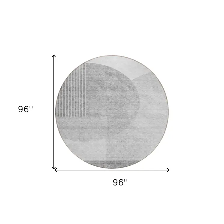 8' Gray Silver And Ivory Round Geometric Washable Indoor Outdoor Area Rug